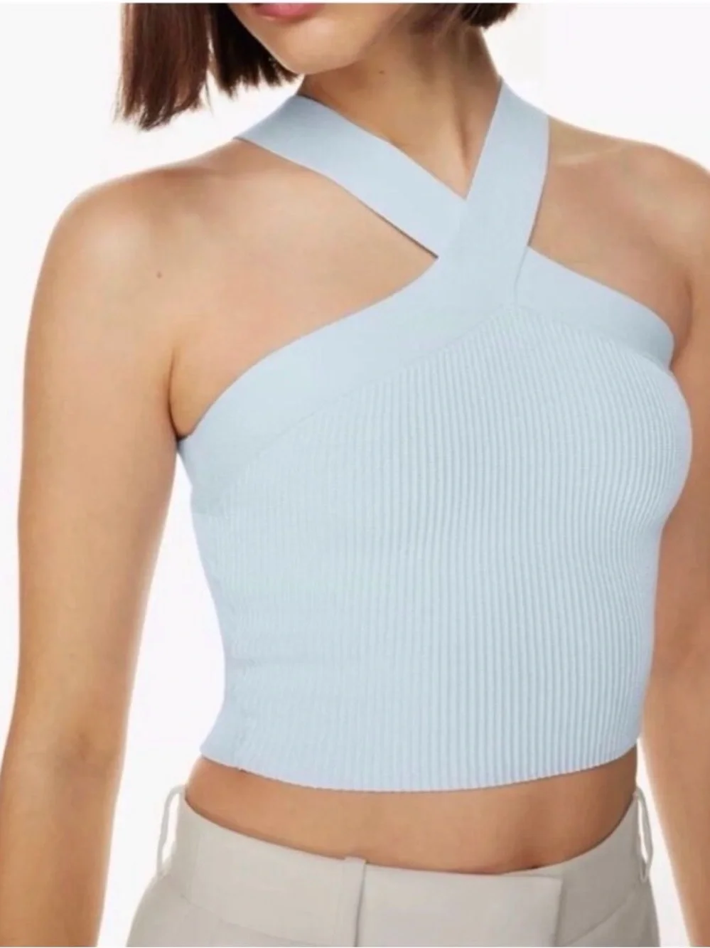 Babaton Light Blue Ribbed Tank Top with Cross Strap - Picture 3 of 4